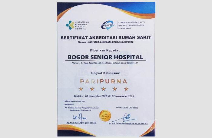 Sertifikat Akreditasi Rumah Sakit Bogor Senior Hospital